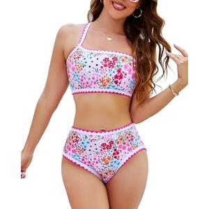 Jolefille High Waisted Bikini Sets for Women 2 Piece Tummy Control Swimsuits One Shoulder Bathing Suit Floral Swim Suit Teens M