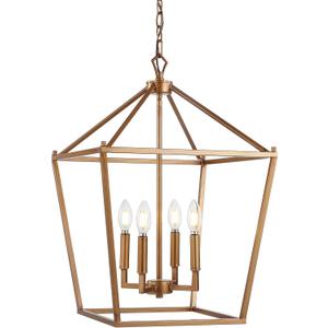 JONATHAN Y 16" Antique Gold Lantern Pendant Light, 4-Light Pagoda Style Metal Cage Farmhouse Hanging Ceiling Fixture for Kitchen Island, LED Bulb Included (JYL7437B)
