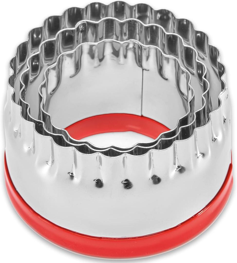 3Pcs Fluted Round Cookie Cutters - 2" & 2.6" & 3", Heavy Duty Food-Grade Stainless Steel, Mini Biscuit Cutter, Unique Design with Protective Red Top PVC