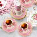 200Pcs Floral Tea Cups and Saucers for Tea Party Supplies, Disposable Tea Cups with Handle and Paper Napkins Dinnerware for Floral Theme Birthday Wedding Bridal Shower Baby ShowerPink