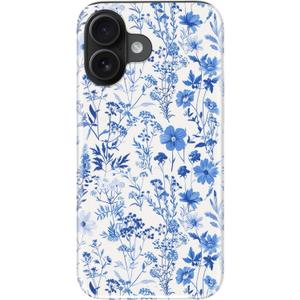 for iPhone 16 Case, Wireless Charging Compatible,Dual-Layer Protection with Stylish Wildflower Design, Soft Silicone + Hard Shell, Cute Chic Phone Cover for Women - Azure Botanical Pattern