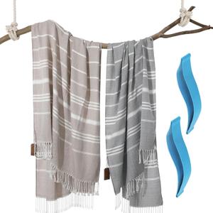 2 Packs Turkish Beach Towel Bathroom Bath Hiking Towels for Adult Soft Cotton Extra Large Summer Vacation No Sand Repels Fast Drying Compact Packable Thin Sandrpoof Repellent Anti Repels Foldable (Beige Gray)