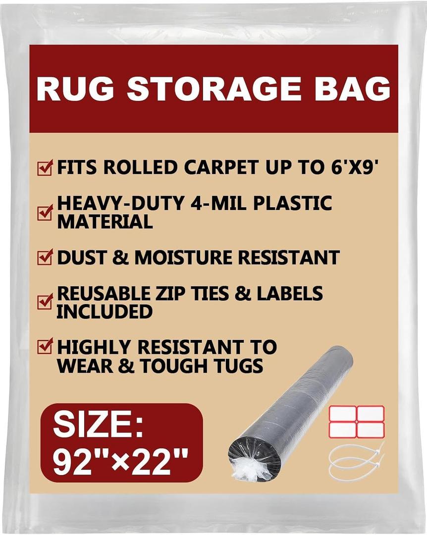 Carpet Storage Bag,Plastic Rug Storage Bag with Zip Tie,Rug Bags for Moving, Packing, Shipping,4 Mil Heavy Duty Fits Rolled Carpet up to 6'x9'(Rugs up to 6'x9', Large)
