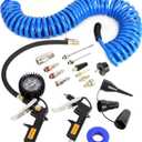 16 Pieces Heavy Duty Air Compressor Accessory Kit, 1/4 inch 25ft Recoil Poly Air Compressor Hose Kit, 100PSI Tire Inflator Gauge, Blow Gun and Nozzles, 1/4" NPT Air Coupler and Plug Kit