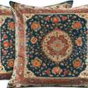 Vintage Floral Soft Velvet Throw Pillow Covers 18x18 In Boho Pillowcases, Indian Antique Ethnic Tribal Decor Double Sided Pattern Cushion Cover for Sofa, Living Room, Farmhouse, Dark Blue,2 Pack