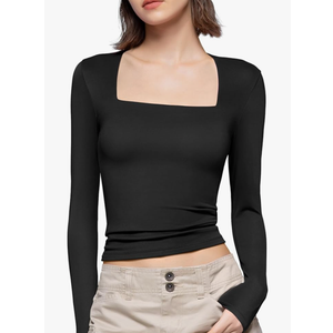 PUMIEY Women's Square Neck Long Sleeve T Shirts Slim Fit Tops Basic Tee Smoke Cloud Pro Collection L