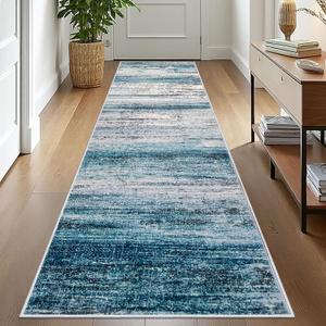 KOZYFLY Modern Abstract Hallway Runner Rug, 2.6x10 Washable Rug Runner Non-Slip Soft Striped Kitchen Runner Rugs, Print Distressed Blue Carpet Runner for Entryway Bathroom Laundry Room Foyer