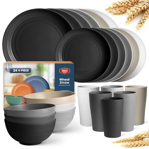 Teivio 24-Piece Kitchen Plastic Wheat Straw Dinnerware Set, Service for 6, Dinner Plates, Dessert Plate, Cereal Bowls, Cups, Unbreakable Plastic Outdoor Camping Dishes, Stone