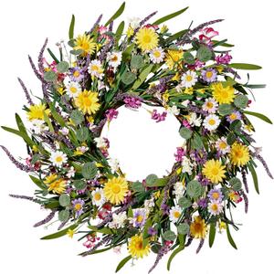 Sggvecsy Daisy and Lavender Wreath 24 Wildflower Wreath Spring and Summer Artificial Spring Silk Summer for Front Door Home Wall Wedding Festival Farmhouse Holiday Decor (Colorful)
