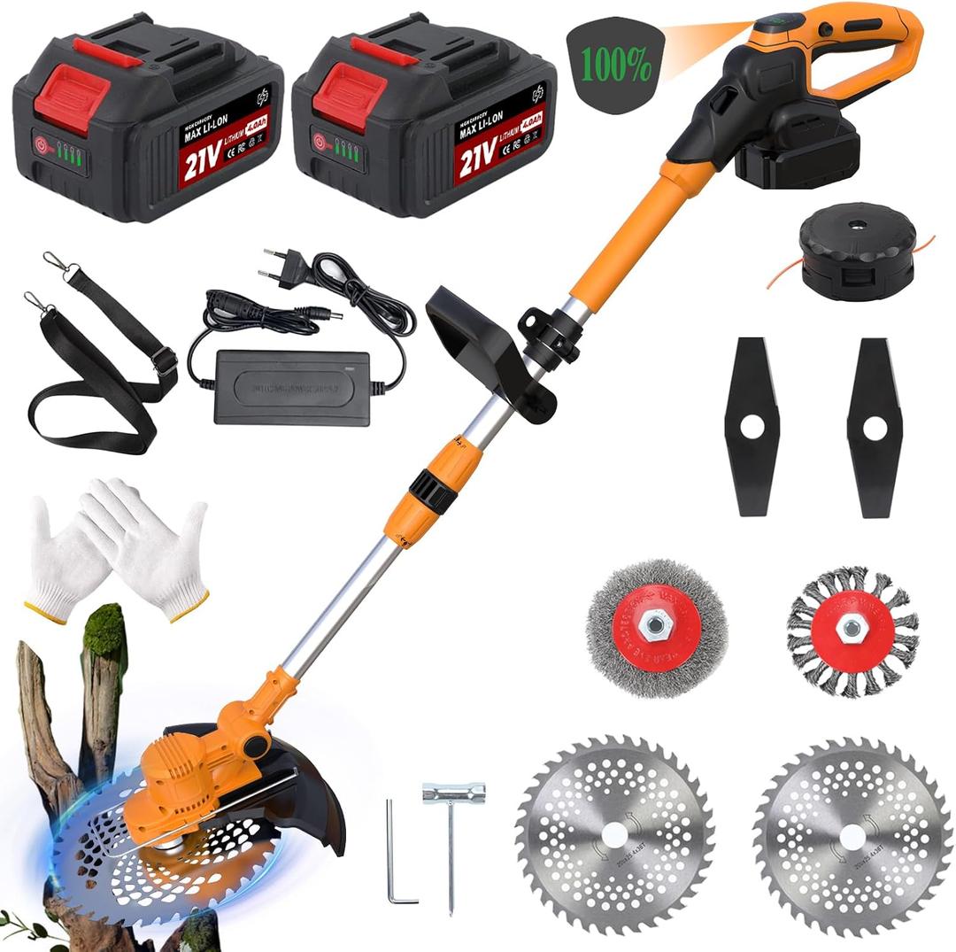 Electric Weed Wacker, Cordless Weed Eater Battery Powered, 5-in-1 String Trimmer Weedeater, 750W Brushless Motor, 2 x 4.0Ah Batteries & Charger, Grass Trimmer/Brush Cutter for Garden Lawn(Orange)