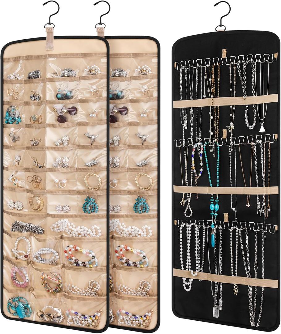 Vincreem 2 Pack Hanging Jewelry Organizer Storage with 39 Pockets, 30 Necklace Hooks Double Sided Wall Mount Earring Holder Organizer Bracelet Necklace Jewelry Display Hanger for Closet Door(Black)
