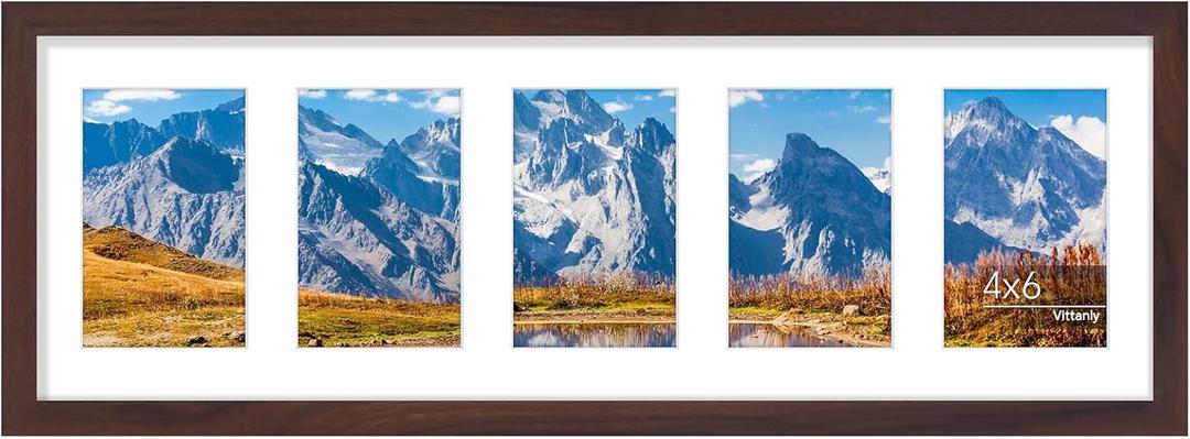 Vittanly 8x24 Collage Picture Frame, Displays 5Pcs 4x6 Pictures with Mat or 1Pcs 8x24 without Mat, Picture Frames Collage Wall Decor for Horizontal or Vertical Display, Brown, 1 Pack