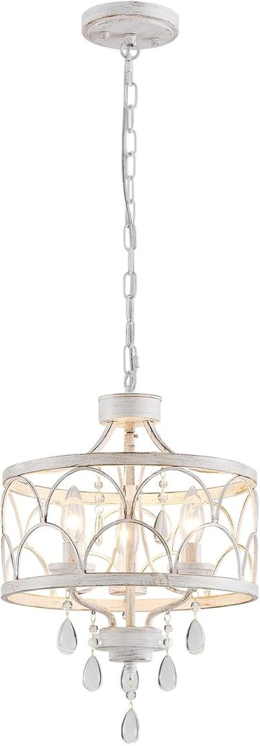 Small Crystal Chandelier, Modern Crystal Chandelier for Dining Room, Rustic Farmhouse White Round Ceiling Pendant Light Fixture for Living Room, Entryway, Hallway, Bedroom, Bathroom (16" High 12.8" Wide)