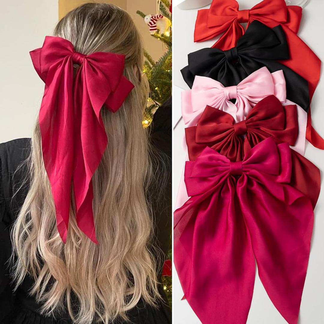Satin Big Bows and Clips Set for Thick & Thin Hair: 5 PCS Bow-Knot Non-Slip Claw Clips for Women (Bright red,pink, rose red, burgundy, black)