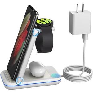 Wireless Charger for Samsung/Android, HOLYJOY Foldable 3 in 1 Fast Charging Station/Stand/Multi Charger for Samsung S25 Ultra/S24/Note 20, Travel Pad for Galaxy Watch 7/6/5/4/Active 2, For Buds(White)