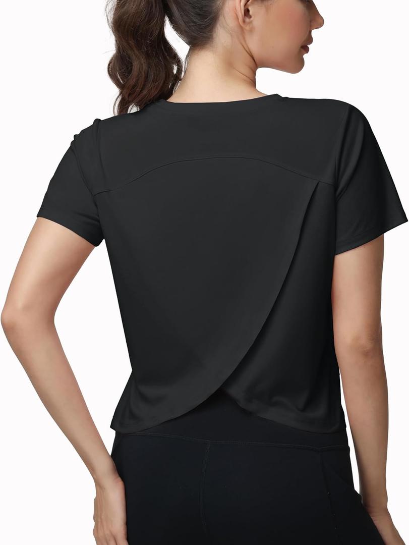Womens Open Back Workout Tops Athletic Pilates Shirts Tees Gym Tops Running Activewear (Black, XL)