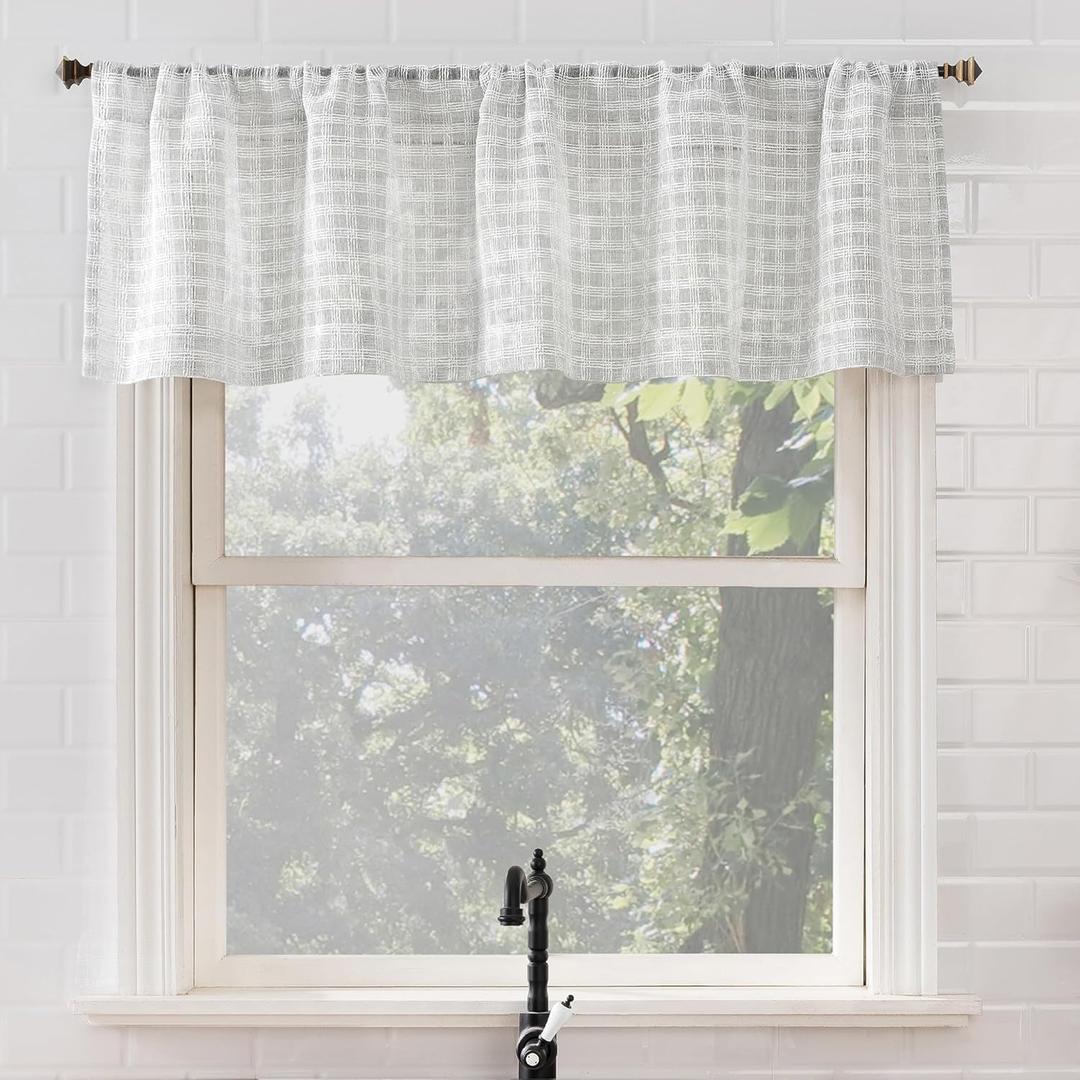 No. 918 Tayen Slub Windowpane Semi-Sheer Rod Pocket Kitchen Curtain Valance, Silver, 54" W x 15" L