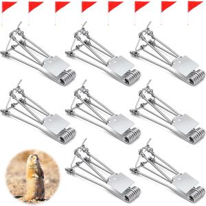 Qualirey 8 Set Outdoor Gopher Traps Bulk - Reusable Galvanized Gopher Trap with Red Stick Flags Weather Resistant Mole Vole Trap Killer for Farm Lawn Yard Garden (Silver)