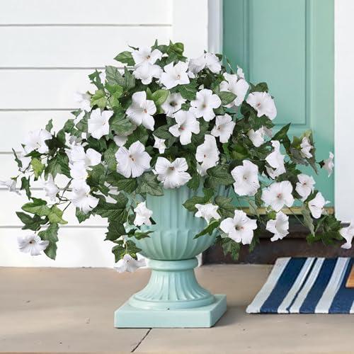HyeFlora Artificial Flowers for Outdoors 2PCS Faux Petunias Silk Fake Flowers for Outside Planter UV Resistant Realistic Home Garden Porch Decor (White)