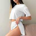 Remidoo Women's Short Sleeve T Shirts And Shorts Side Slit Crewneck Pajamas Set White Small (White)