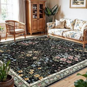 8x8 Square Area Rug Living Room, Non-Slip Floral Washable 8ft Square Rug Low Pile Thin Indoor Carpets for Dining Room Bedroom Office High Traffic Area Boho Vintage Home Decor (8ft Square, Black)