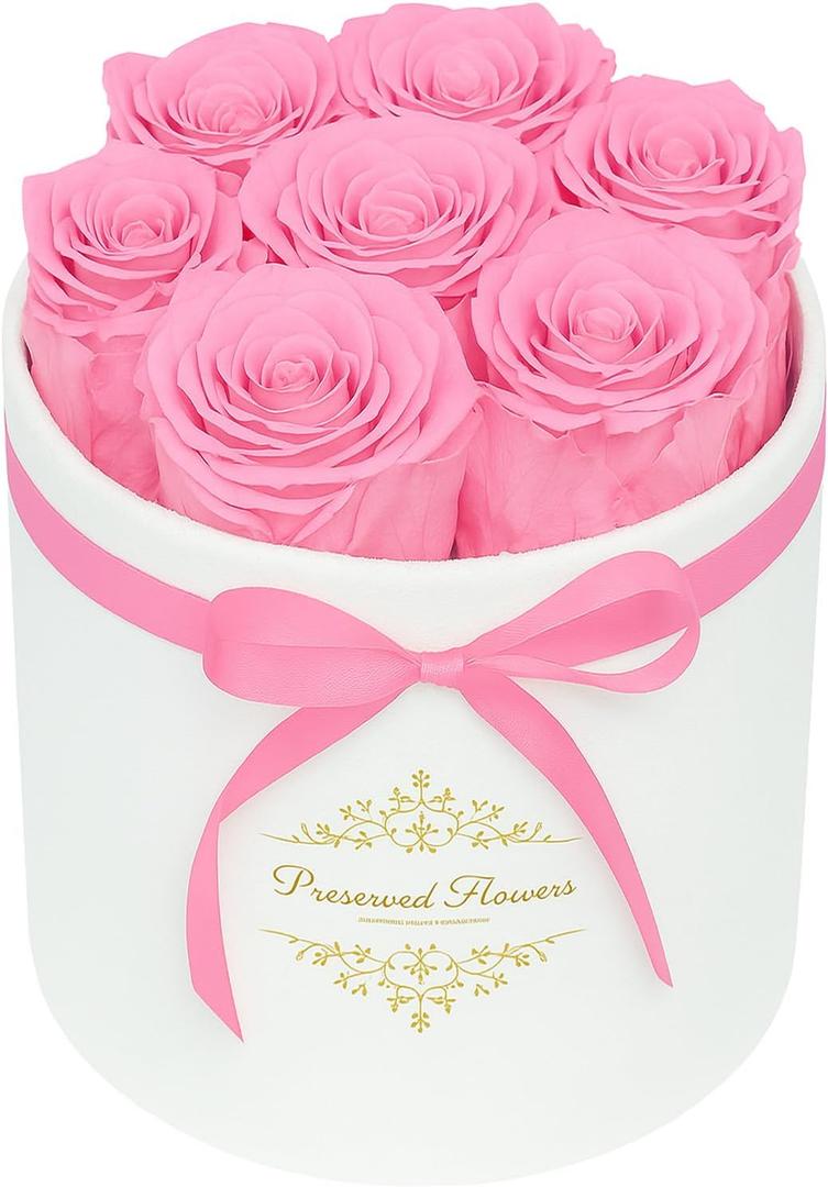 7 Forever Flowers in a Luxury Suede Box, Preserved Roses Birthday Gifts for Women, Romantic Anniversary Wedding Gifts for Women Her Girlfriend Wife, Pink