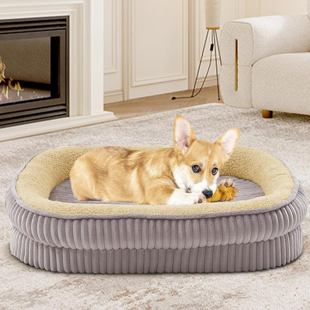 Orthopedic Dog Bed for Medium Dogs Breeds, High Density Egg Crate Foam Dog Sofa Beds, Oval Kennel Bed, Pet Couch Bed with Four Sided Bolster, Removable Washable Cover & Non-Slip Bottom (30"L x 24"W x 6.5"Th, Gray)