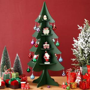 23.6 Inch Wooden Christmas Tree Shelf 4 Tier Display Tree Ornament Stand Corner Wooden Bookshelf Holder for Xmas Holiday Display Decoration(Green)