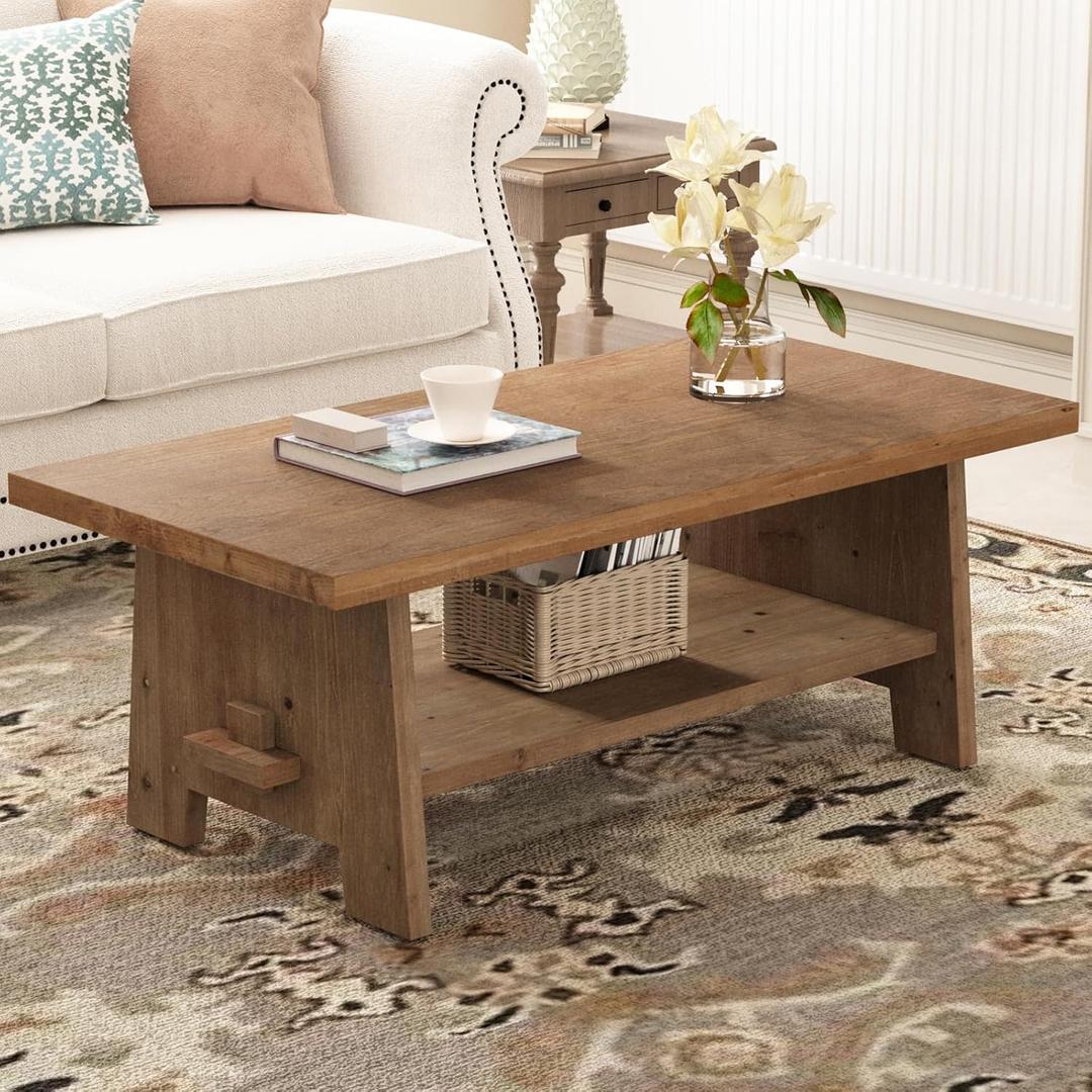 Farmhouse Wood Coffee Table - 43.4" Rectangle Coffee Table Solid Wood Tabletop, Center Tables with Storage Shelf for Living Room, Natural