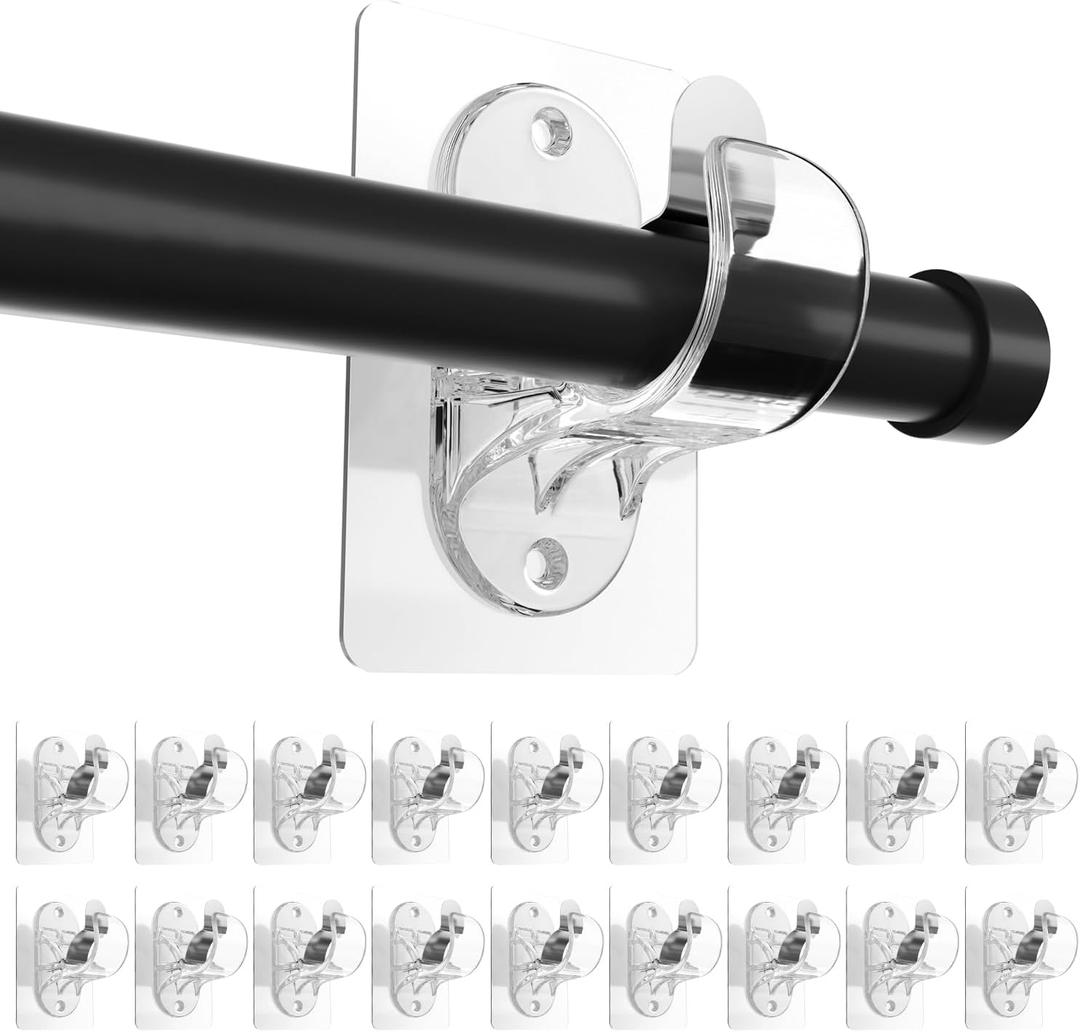 ANDGOO 18 Pack Adhesive Curtain Rod Brackets, No Hole, No Drilling, No Tool, No Nail, Heavy Duty Stick on Curtain Rod Holder Hangers Bedroom, Bathroom, Living Room, Transparent