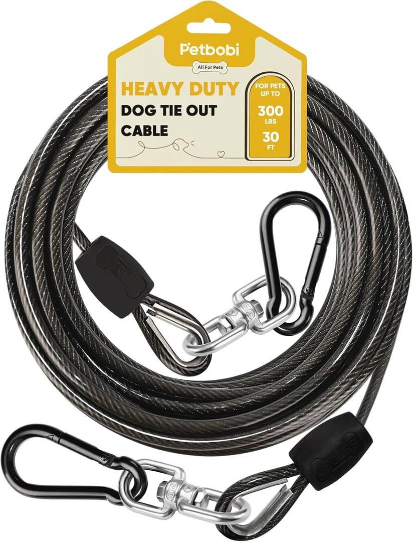 Petbobi Heavy Duty Dog Tie Out Cable Up to 300Lbs - 30FT Extra Strong Wire Cable for Large Pets - Rust Proof Dog Leash with Carabiners and 360 Swivel - Chain Leads for Yard Camping Outside
