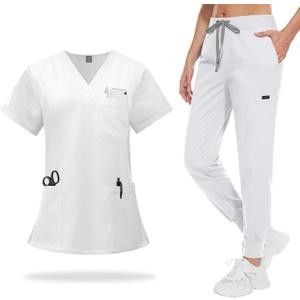 VIAOLI Scrubs for Women Set V-Neck Top and 8 Pocket Jogger Scrub Pant - Medical Uniform Nursing Scrub Set (Medium, White)