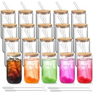 20 Pack Glass Cups with Lids and Straws 16 oz, Personalized Customizable Glasses for Gift, Business, Drinking glasses set, Iced Coffee Cup, Cute Aesthetics Tumbler for Tea, Homemade Drinks