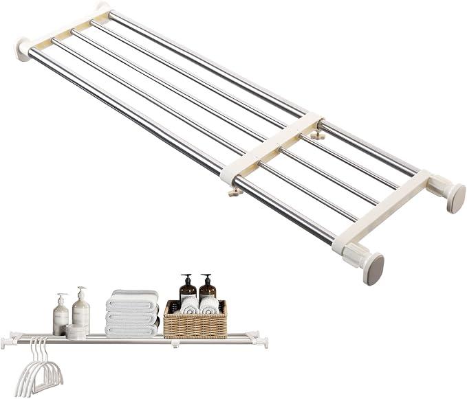 BAOYOUNI Adjustable Closet Rod 33-46" Tension Shelf Wardrobe Organizer
Space Saving Clothes Divider， Expandable Storage Rack ，No Drilling Installation，Ivory ， Heavy Duty Closet Shelf