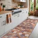 DEXI Hallway Runner Rug, 2x5 Distressed Non Slip Runners Carpet, Boho Vintage Soft Thin Indoor Rug, Stain Resistant Washable Entry Mat for Entryway Kitchen Laundry Room Living Room, Brown Blue