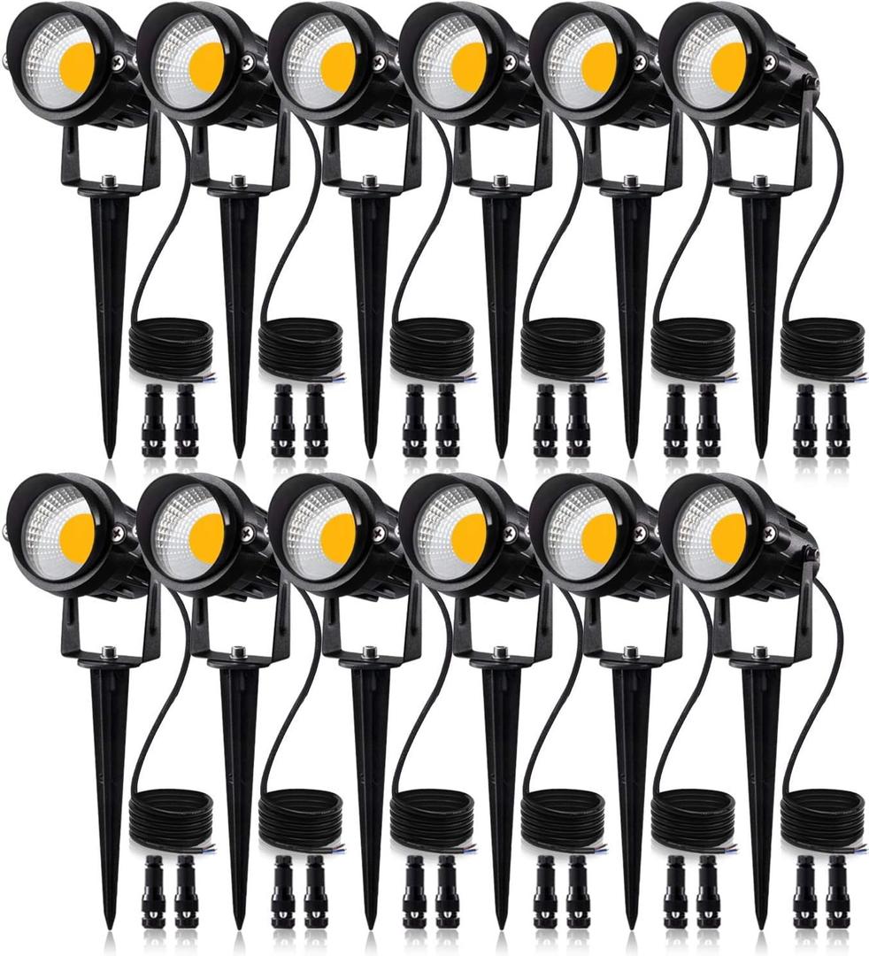 SUNVIE 12W Low Voltage LED Landscape Lights with Connectors, Outdoor 12V Super Warm White (900LM) Waterproof Garden Pathway Lights Wall Tree Flag Spotlights with Spike Stand (12 Pack with Connector)