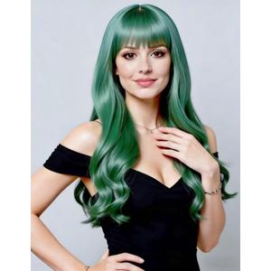Rugelyss Long Wavy Mint Green Wigs for Women Soft Synthetic Wig with Straight Bangs Halloween wig for Cosplay or Costume