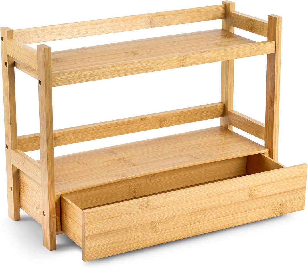 Sorbus Bamboo Bathroom Counter Organizer  2-Tier Shelf with Hidden Drawer for Vanity, Matcha Station, Bathroom Sink Organizer Countertop, Kitchen & Office Storage (17Lx6.5Wx12.6H)