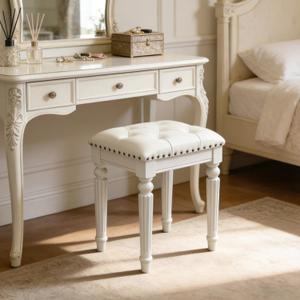 Vanity Stool with White Faux Leather Cushion, Small Vanity Bench-Tufted Leatherette Seat with Nailhead Trim & Button-Tufted Design,Solid Wood Legs with Carved Detail, Backless Makeup Stool for Bedroom, 16.38"L x 13.97"W x 18.30"H