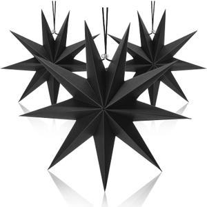 3 Pcs 9 Pointed Paper Star Lanterns 12 Inch Hanging Lampshade Paper Pendant Charm Star Shape for Christmas Holiday, Weddings, Birthday Party Celebration Decor(Black)
