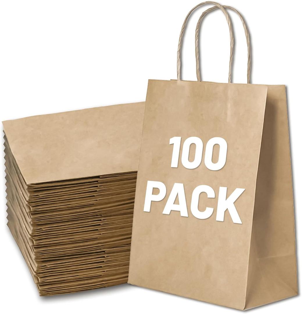 Gift Bags 8.25"X5.9 "X3.15" 100pcs Brown Kraft Paper Bag with Handles for Small Business Christmas Bulk, Wedding, Party Favor, Shopping, Lunch, Halloween Trick-or-Treat Bags (1 Count (Pack of 100))