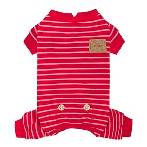 KYEESE Dog Pajamas, Soft 4 Legs Doggie Jammies, Striped Velvet Fleece Dog PJS, Pet Jumpsuit Puppy PJS, Stretchable Outfit Cozy Onesie Sleepwear Soft Pajamas, Red Striped, Small