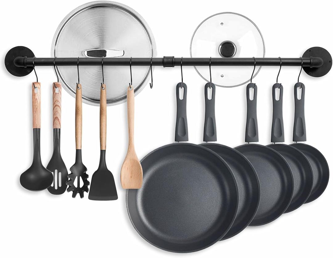 38.5 inch Pot Rack Wall Mounted Detachable Pan Rack Organizer Industrial Pipe Hanging Rail Lids Utensils Hanger Holder for Kitchen with 10 S Hooks, Black (38.5 Inches)