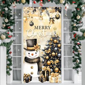 Christmas Door Cover Decorations Snowman Door Cover Black Gold Merry Christmas Xmas Tree Front Door Banner for Indoor Outdoor Xmas Winter Party Decor