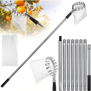 Fruit Picker Pole with Basket Telescoping, 11.5FT Adjustable Fruits Picker Tool with Lightweight Stainless Steel Pole and Big Non Woven Basket Fruits Catcher Tree Picker for Apples Mango Lemon Orange