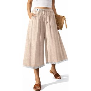 TARSE Women's Linen Capri Pants Wide Leg Flowy Culottes Summer Casual Lightweight Elastic Waist Drawstring with Pockets XL
