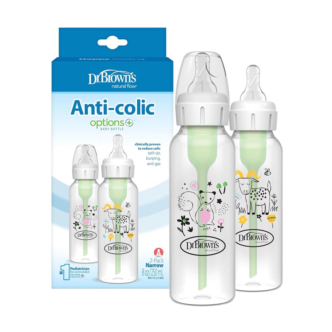 Dr. Brown's Natural Flow Anti-Colic Options+ Narrow Baby Bottle, Goat and Squirrel, 8 oz/250 mL, with Level 1 Slow Flow Nipple, BPA Free, 0m+, 2-Pack