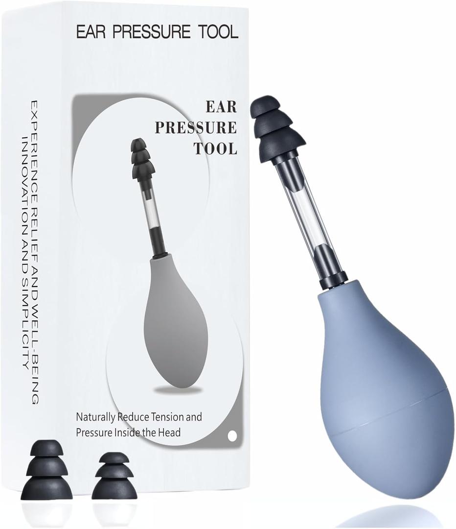 Ear Pressure Relief Device, Migraine Ear Pressure Relief Tool, Airplane Ear Pressure Relief Suction Device, Tinnitus Relief for Ringing Ears with 3 Sizes Earplugs (Grey, 1 Count (Pack of 1))