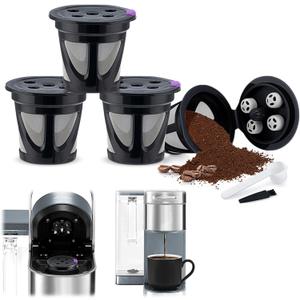 4 Pack Stainless Steel Mesh Refillable Coffee Pod Filter Reusable K Cups Coffee Pods with Spoon and Brush (Black)