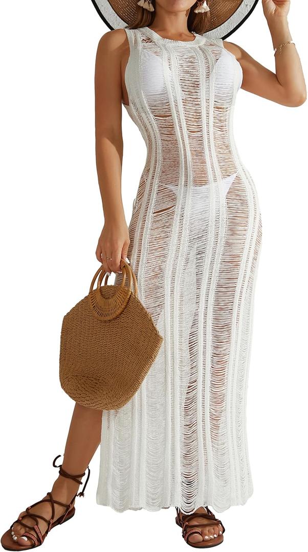 Bsubseach Crochet Cover Up for Women Knit Swimsuit Coverups Hollow Out Sleeveless Swim Coverup Summer Beach Dress (White)